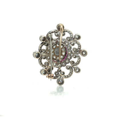 Antique Victorian Diamond and Ruby Brooch, 9ct Gold and Silver