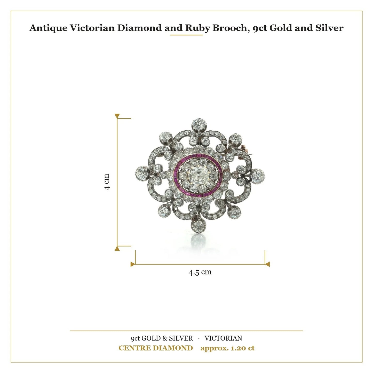Antique Victorian Diamond and Ruby Brooch, 9ct Gold and Silver