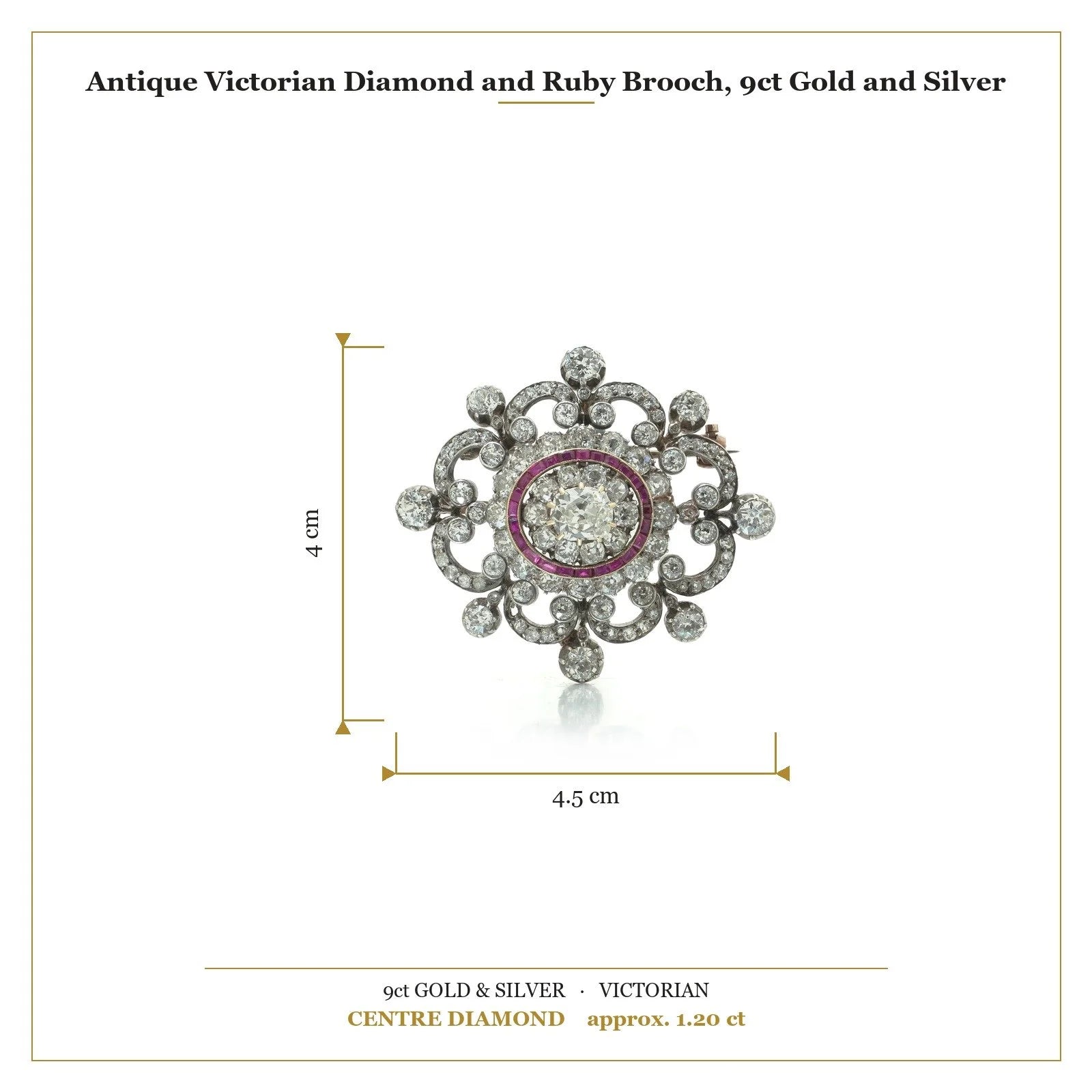 Antique Victorian Diamond and Ruby Brooch, 9ct Gold and Silver