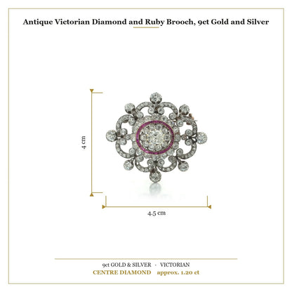 Antique Victorian Diamond and Ruby Brooch, 9ct Gold and Silver