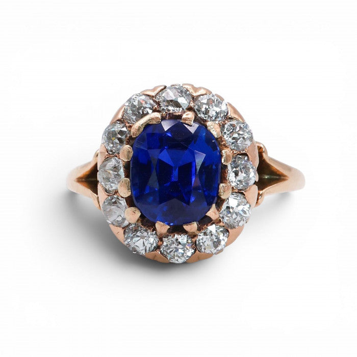 Victorian Antique Natural Ne Heat Kashmir Sapphire Diamond and Gold Cluster Engagement Ring, Circa 1890
