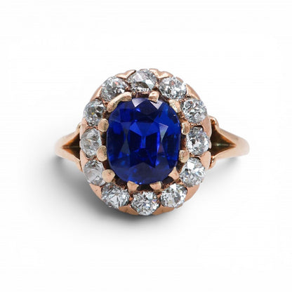Victorian Antique Natural Ne Heat Kashmir Sapphire Diamond and Gold Cluster Engagement Ring, Circa 1890