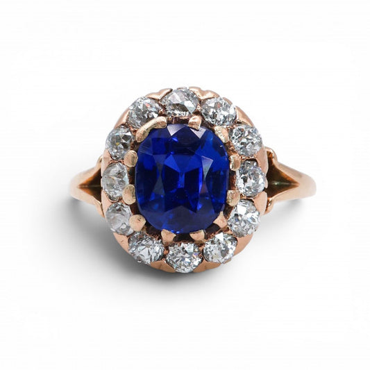 Victorian Antique Natural Ne Heat Kashmir Sapphire Diamond and Gold Cluster Engagement Ring, Circa 1890