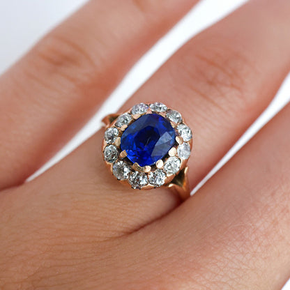 Victorian Antique Natural Ne Heat Kashmir Sapphire Diamond and Gold Cluster Engagement Ring, Circa 1890