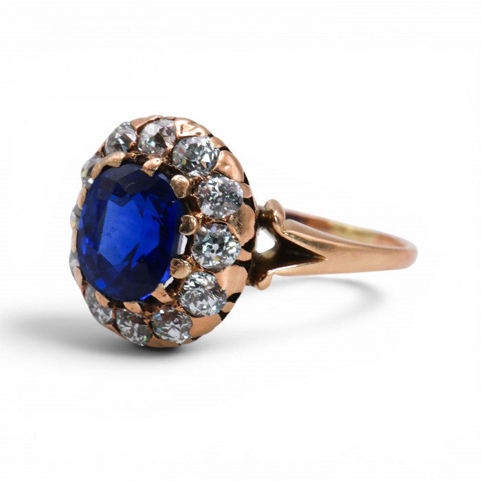 Victorian Antique Natural Ne Heat Kashmir Sapphire Diamond and Gold Cluster Engagement Ring, Circa 1890