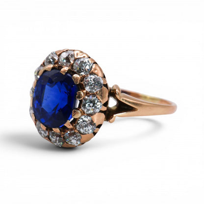 Victorian Antique Natural Ne Heat Kashmir Sapphire Diamond and Gold Cluster Engagement Ring, Circa 1890