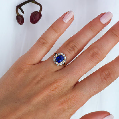 Victorian Antique Natural Ne Heat Kashmir Sapphire Diamond and Gold Cluster Engagement Ring, Circa 1890