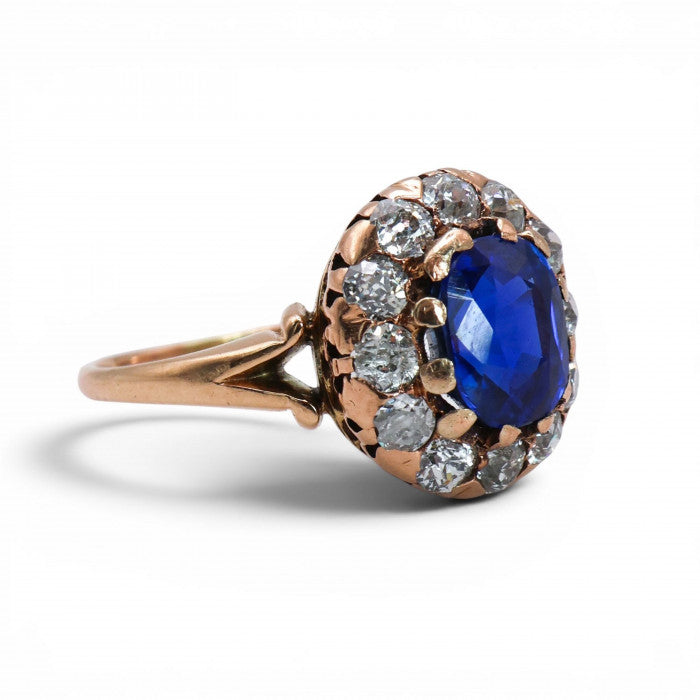 Victorian Antique Natural Ne Heat Kashmir Sapphire Diamond and Gold Cluster Engagement Ring, Circa 1890