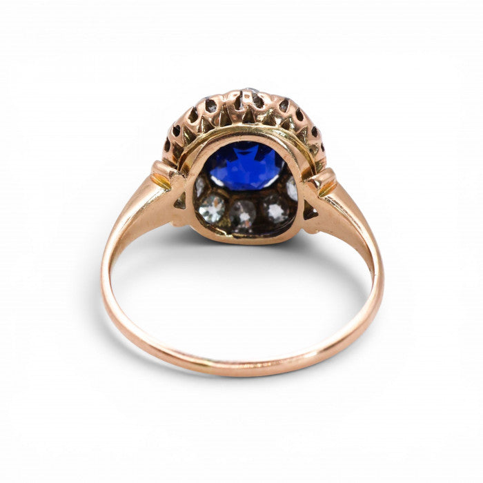 Victorian Antique Natural Ne Heat Kashmir Sapphire Diamond and Gold Cluster Engagement Ring, Circa 1890