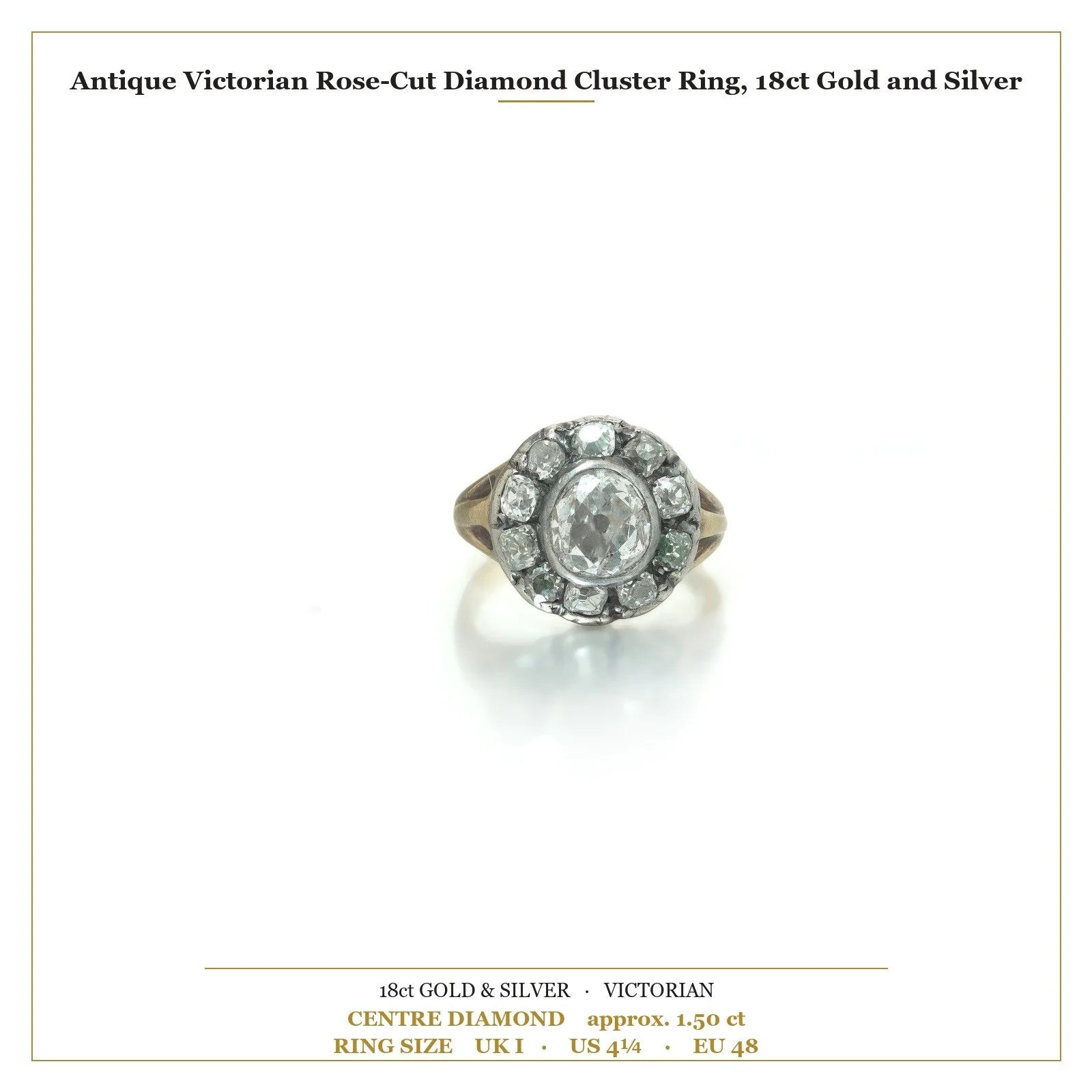 An antique diamond cluster ring in yellow gold and silver with measurements