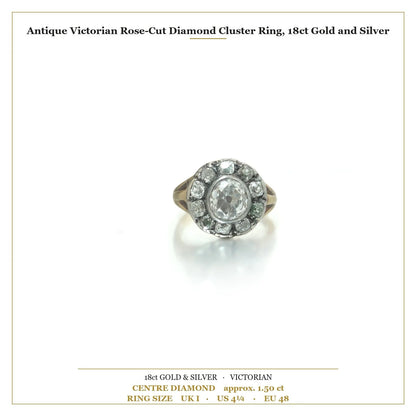 An antique diamond cluster ring in yellow gold and silver with measurements
