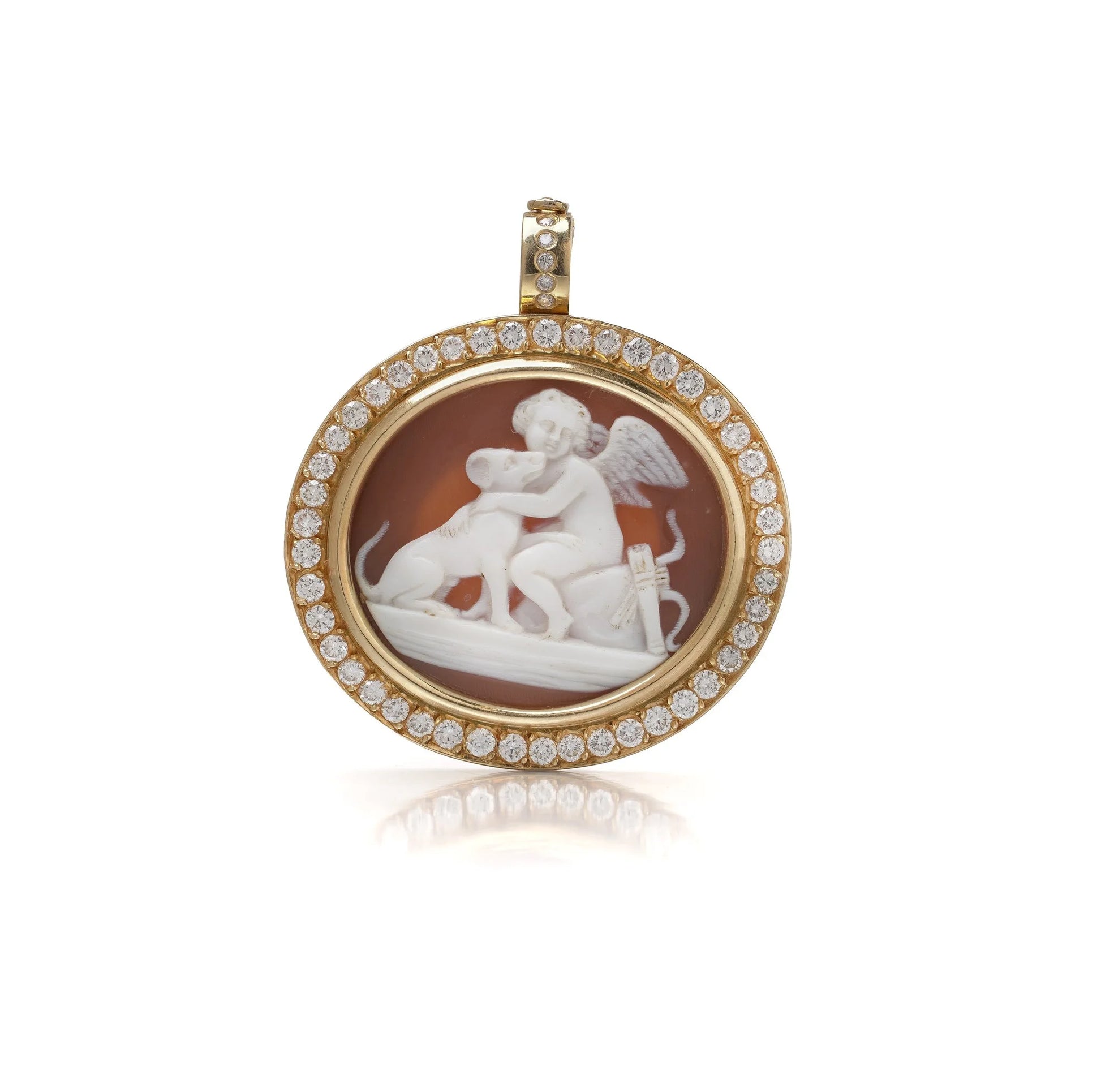 Victorian Shell Cameo of Cupid and Hound in a Diamond-Set 18KT Gold Pendant Brooch