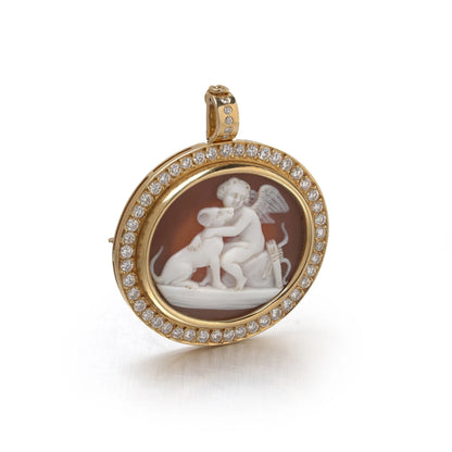 Victorian Shell Cameo of Cupid and Hound in a Diamond-Set 18KT Gold Pendant Brooch