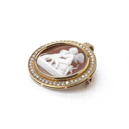 Victorian Shell Cameo of Cupid and Hound in a Diamond-Set 18KT Gold Pendant Brooch