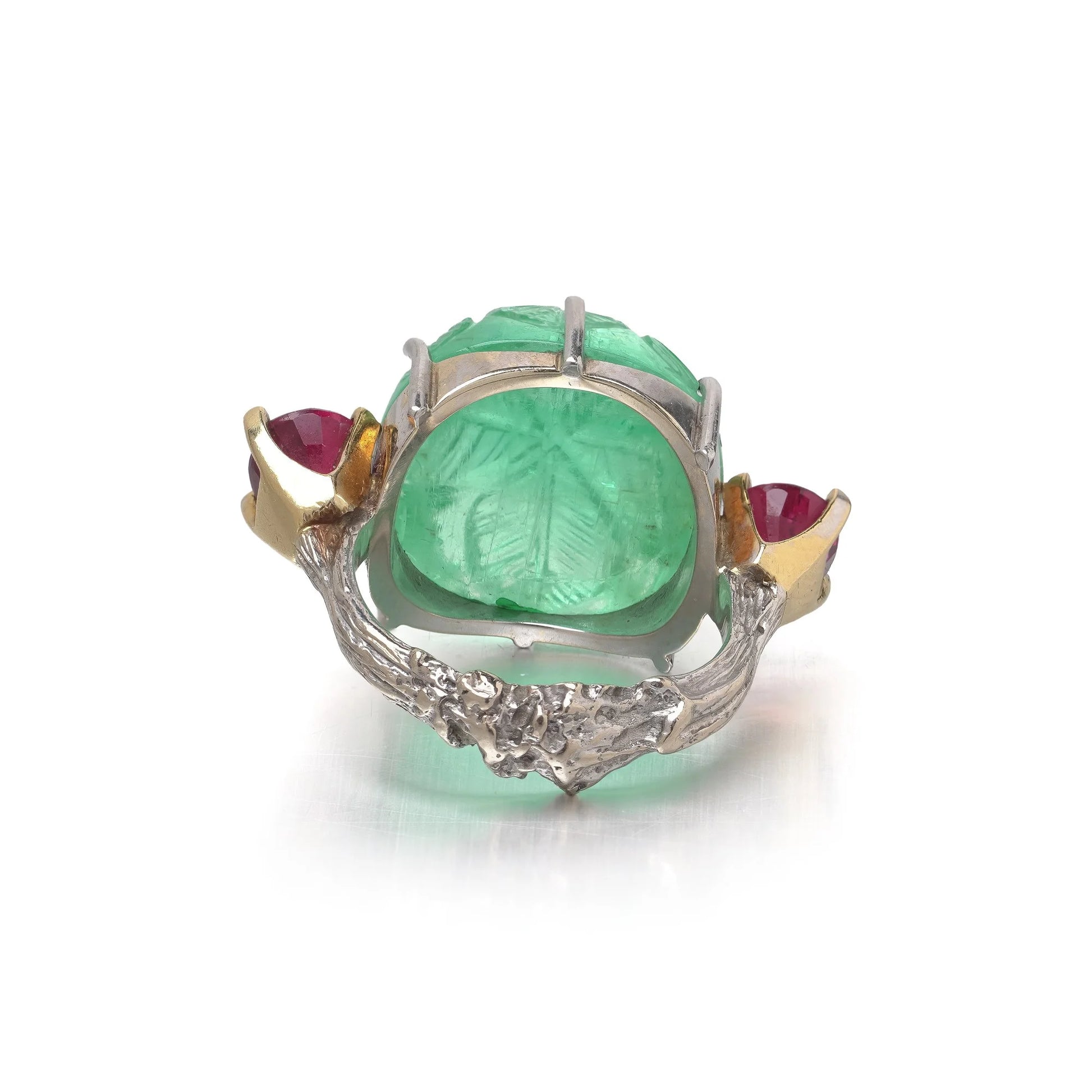 Vintage 18KT Gold Carved Emerald and Burma Ruby Ring