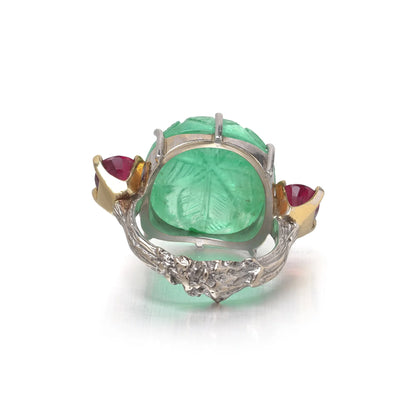 Vintage 18KT Gold Carved Emerald and Burma Ruby Ring