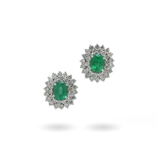 Vintage 18 ct White Gold Emerald And Diamond Cluster Earrings