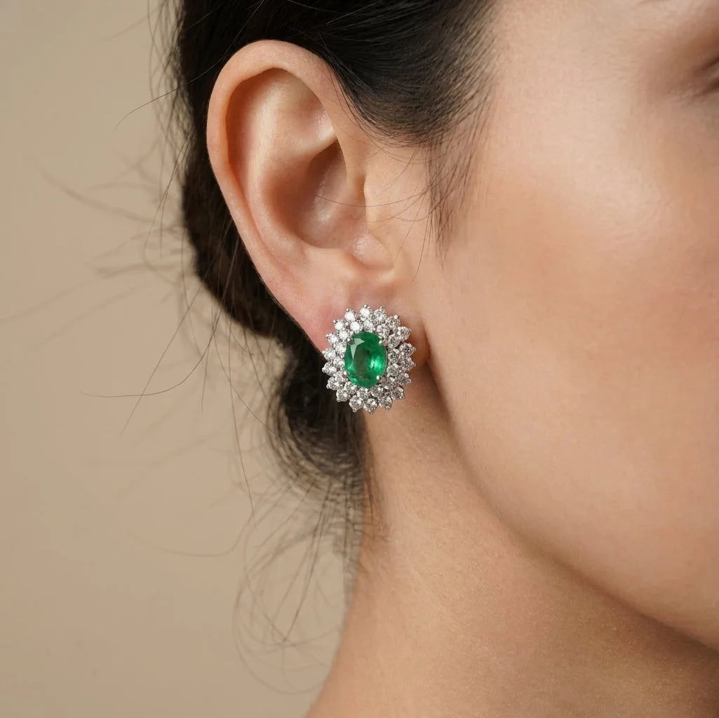 Vintage 18 ct White Gold Emerald And Diamond Cluster Earrings
