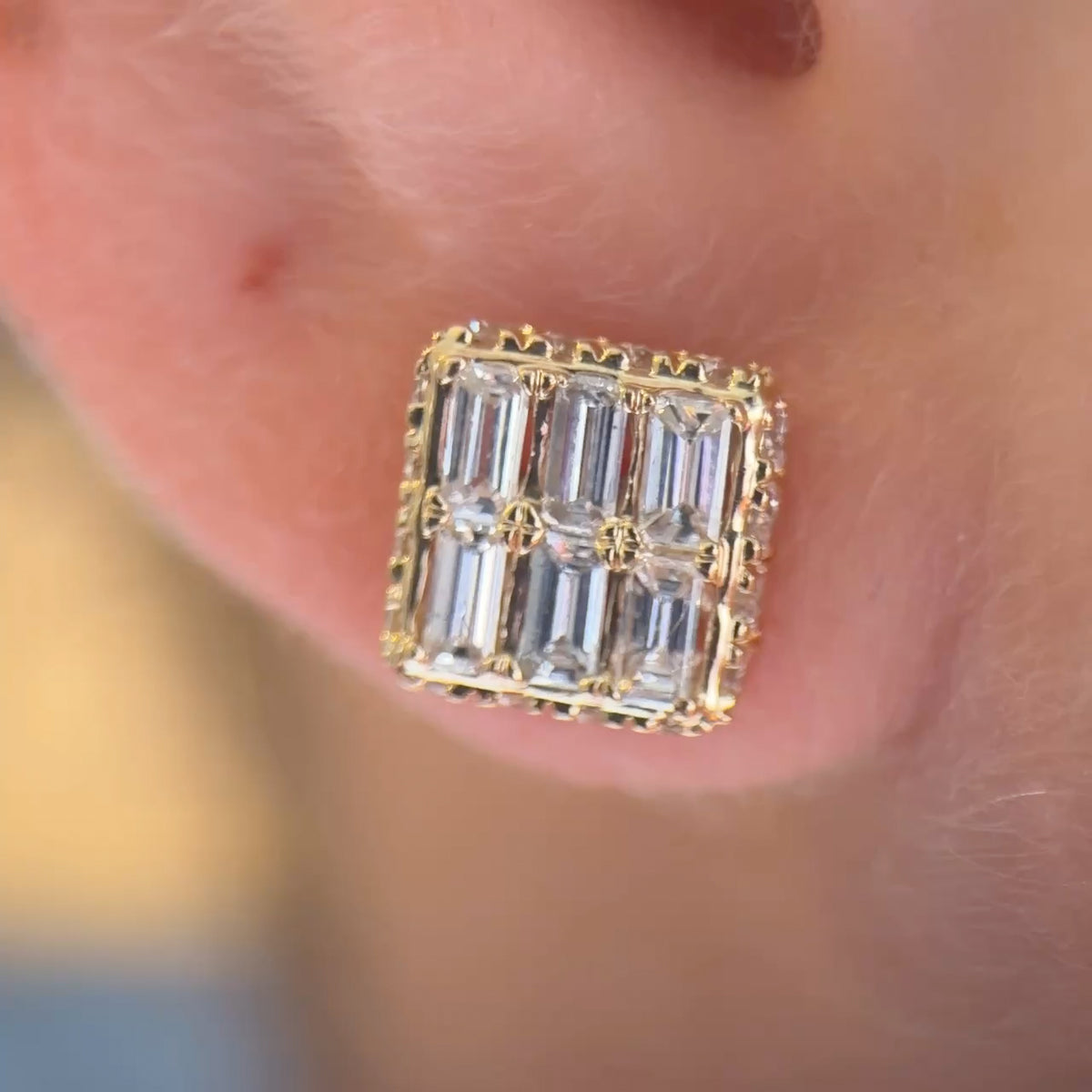 Vintage Baguette & Round Diamond Square Stud Earrings
