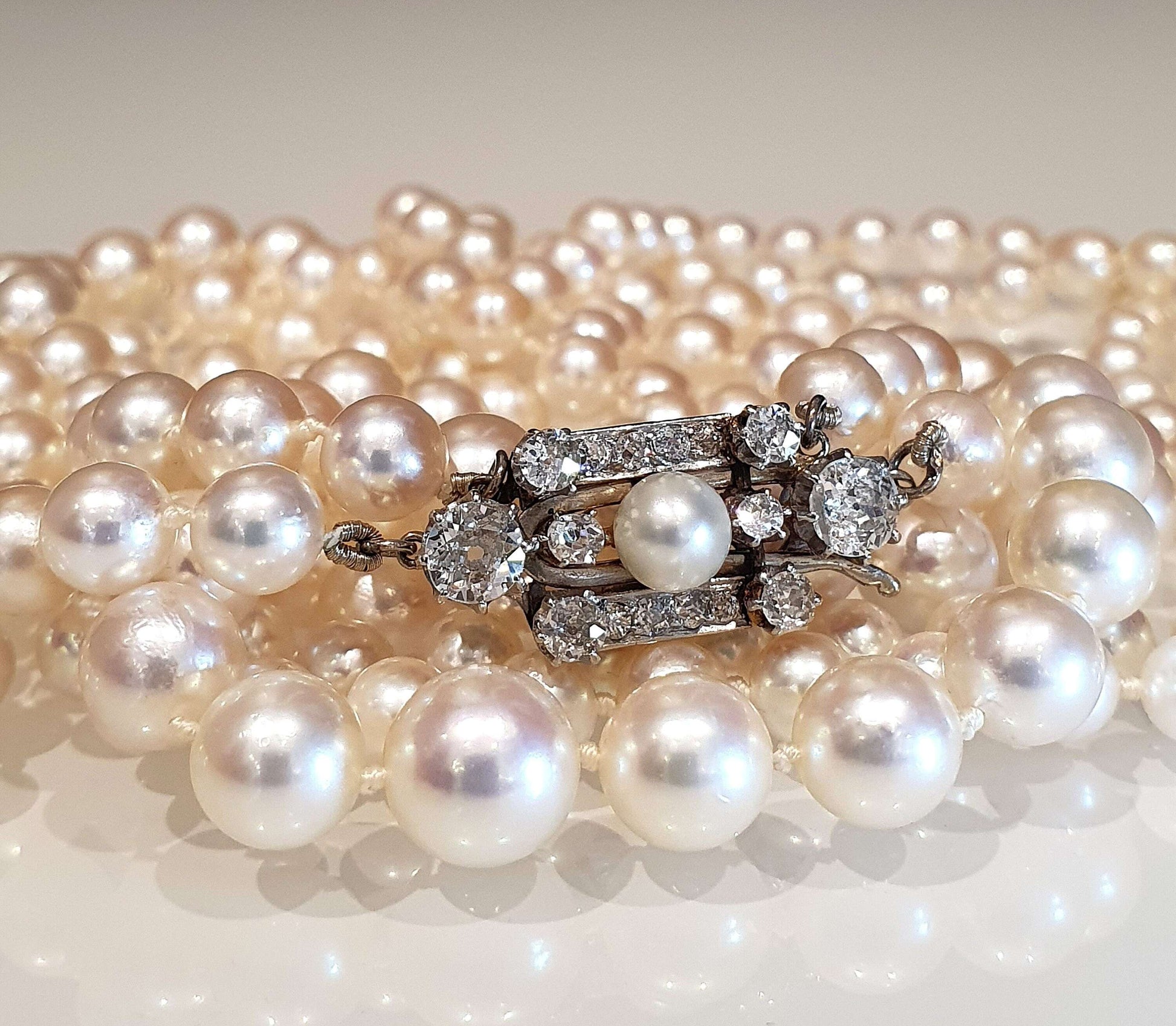 Vintage Akoya Pearl Double Row Necklace with Old Cut Diamond Clasp