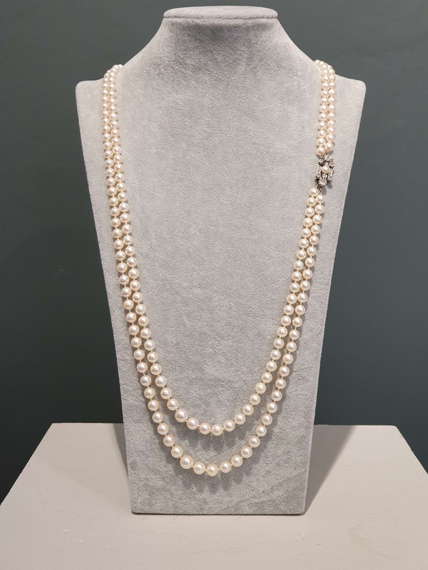 Vintage Akoya Pearl Double Row Necklace with Old Cut Diamond Clasp