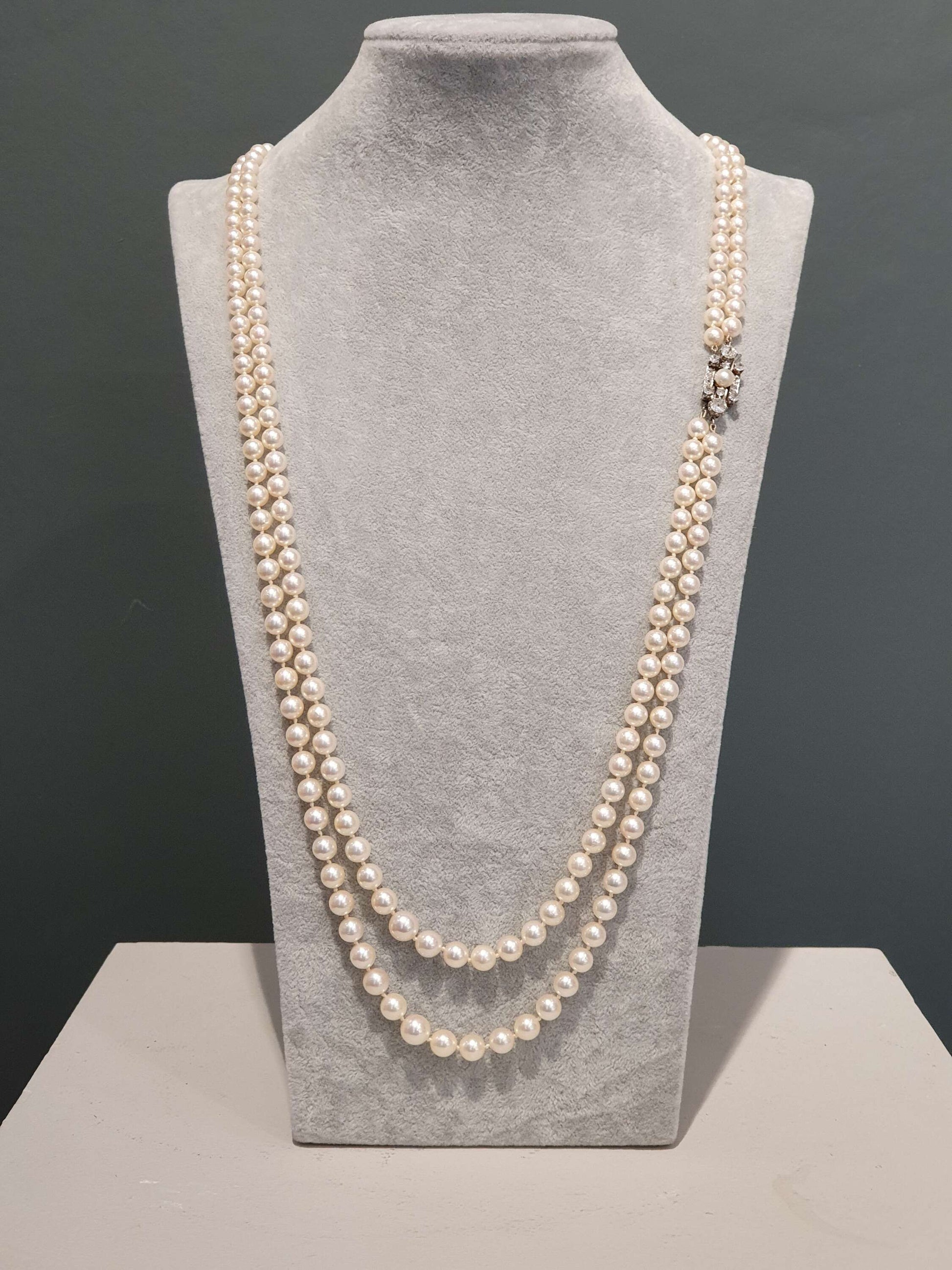 Vintage Akoya Pearl Double Row Necklace with Old Cut Diamond Clasp