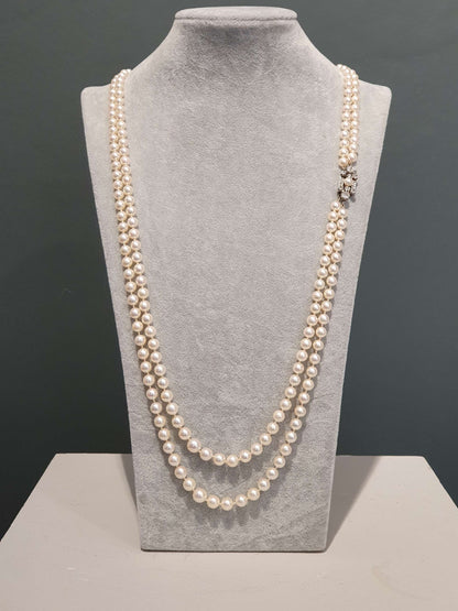 Vintage Akoya Pearl Double Row Necklace with Old Cut Diamond Clasp