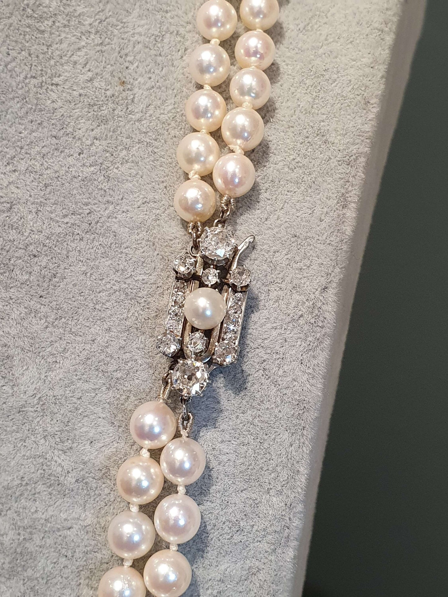 Vintage Akoya Pearl Double Row Necklace with Old Cut Diamond Clasp