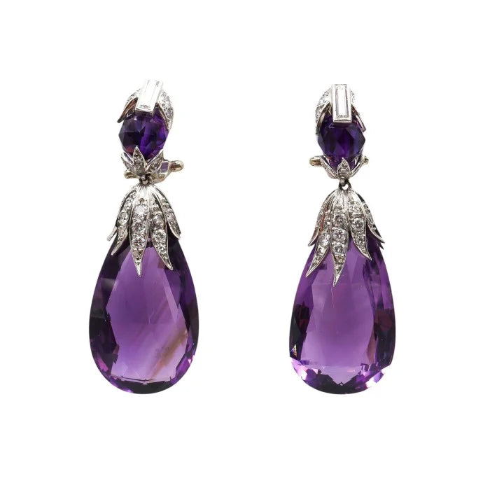 Vintage French Amethyst Diamond and Platinum Drop Earrings, Circa 1960