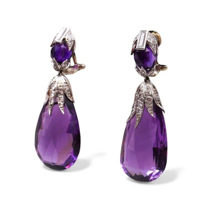 Vintage French Amethyst Diamond and Platinum Drop Earrings, Circa 1960