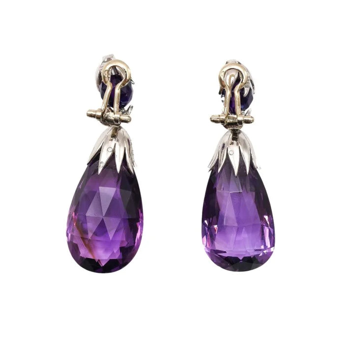 Vintage French Amethyst Diamond and Platinum Drop Earrings, Circa 1960
