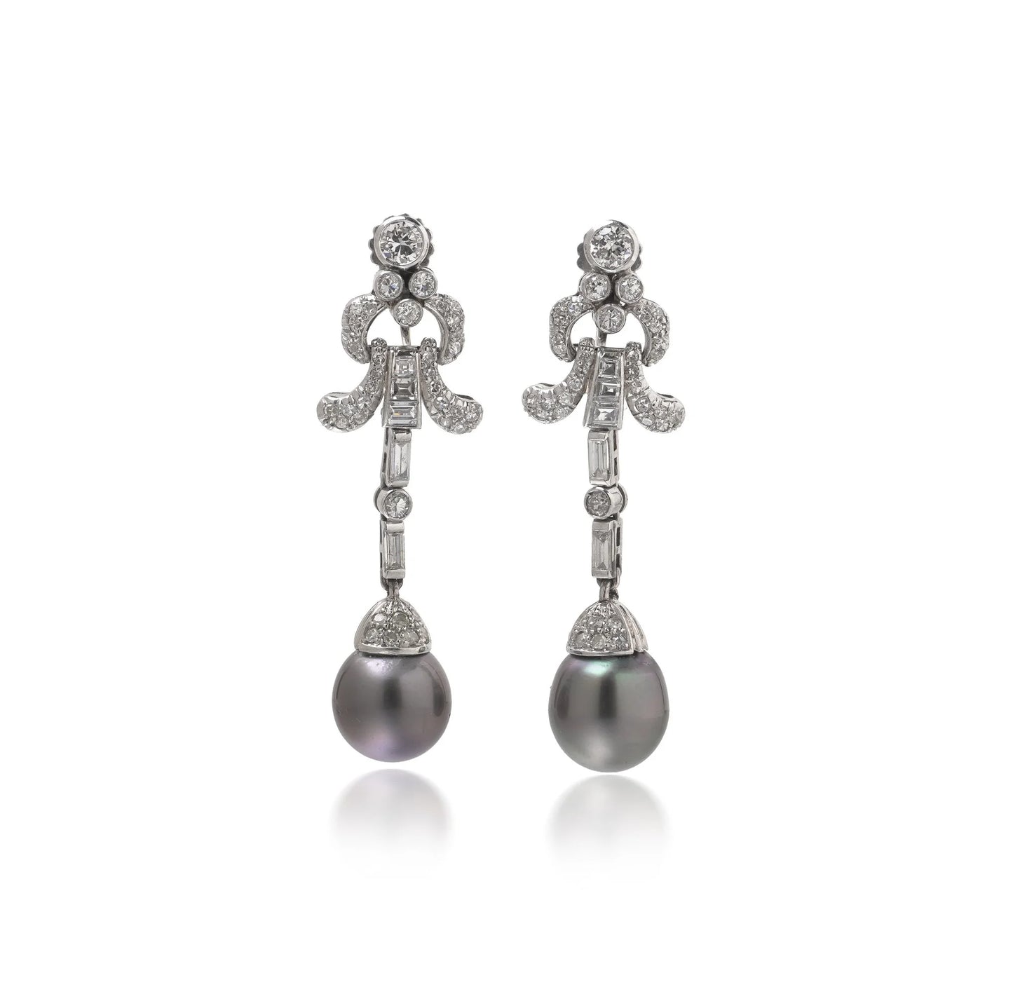 Vintage Platinum Diamond and Tahitian Pearl Articulated Drop Earrings