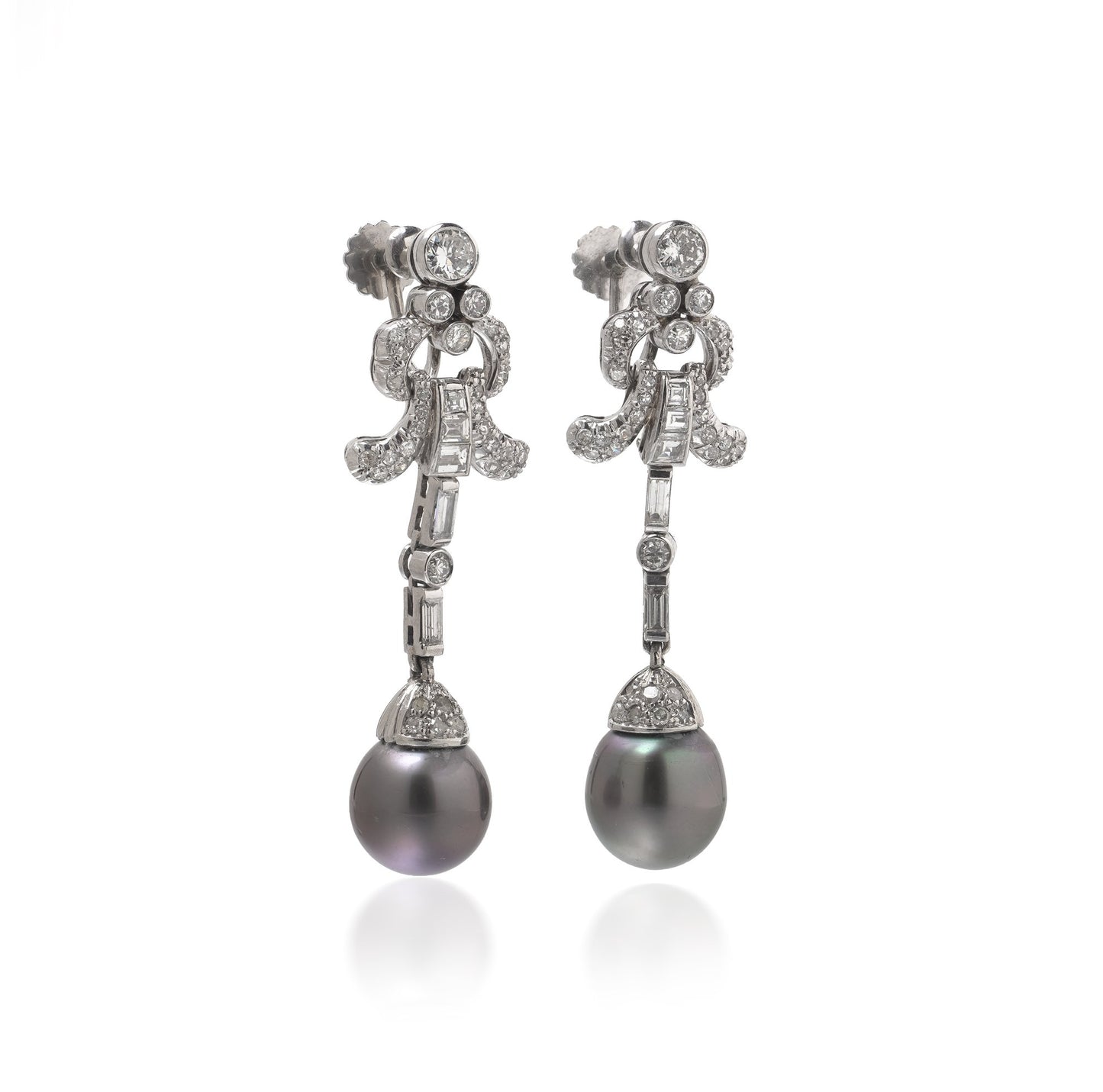 Vintage Platinum Diamond and Tahitian Pearl Articulated Drop Earrings