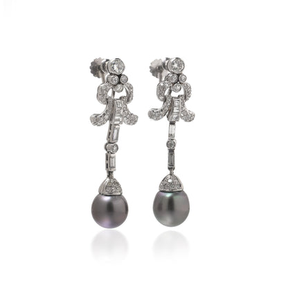 Vintage Platinum Diamond and Tahitian Pearl Articulated Drop Earrings