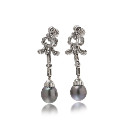 Vintage Platinum Diamond and Tahitian Pearl Articulated Drop Earrings
