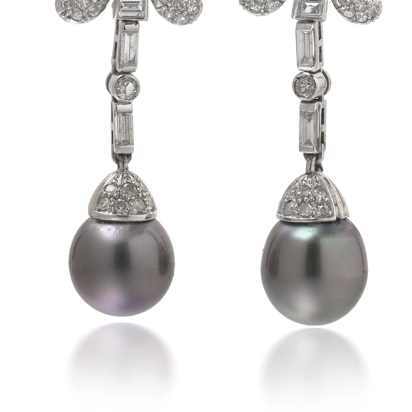 Vintage Platinum Diamond and Tahitian Pearl Articulated Drop Earrings