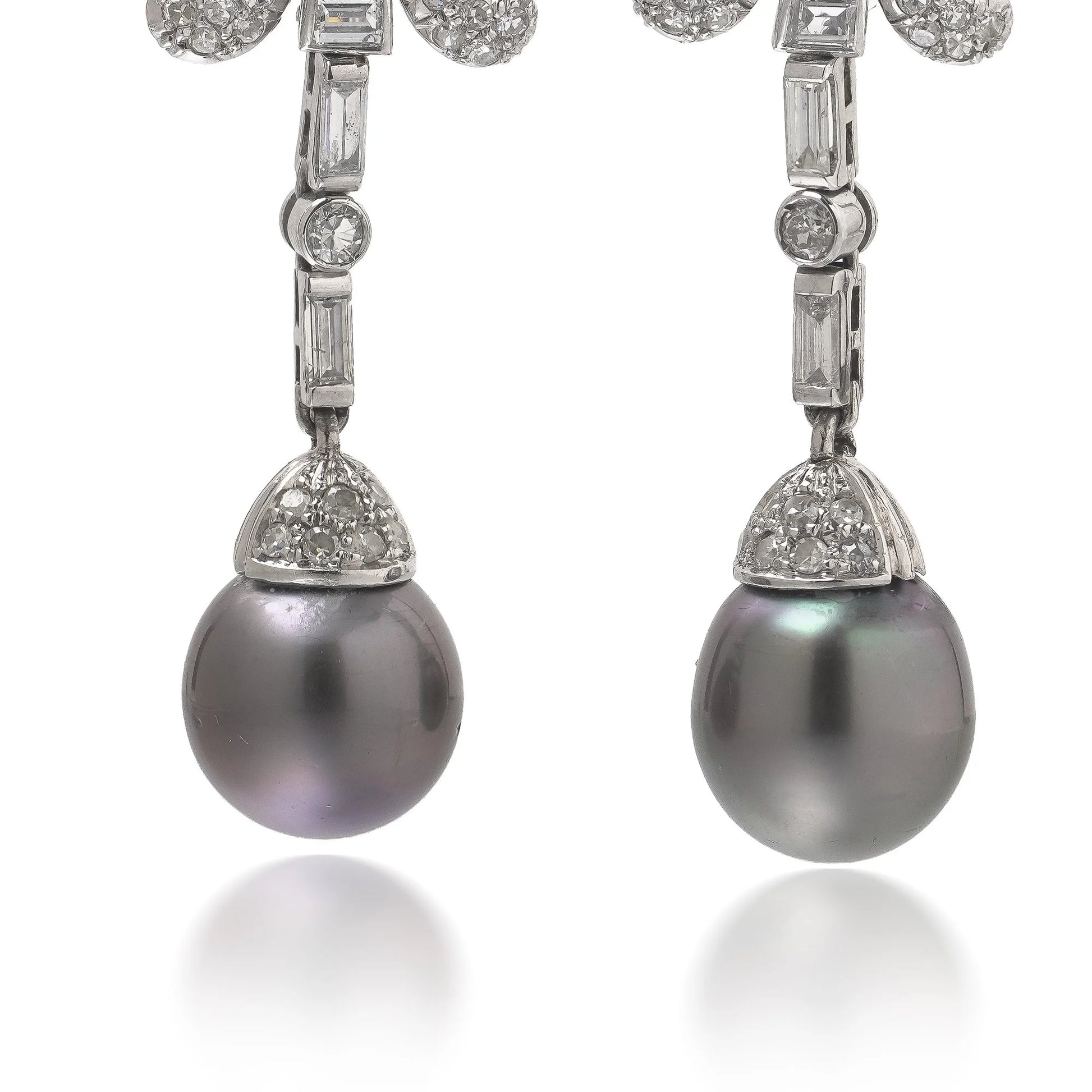 Vintage Platinum Diamond and Tahitian Pearl Articulated Drop Earrings