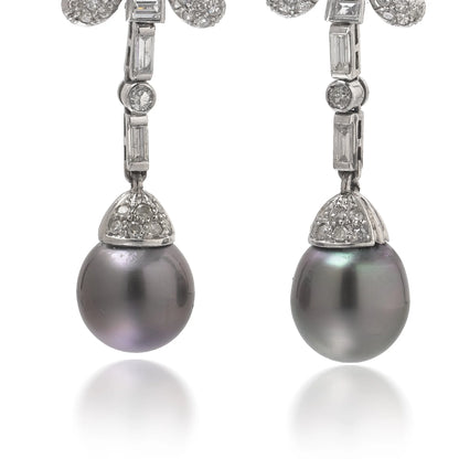 Vintage Platinum Diamond and Tahitian Pearl Articulated Drop Earrings