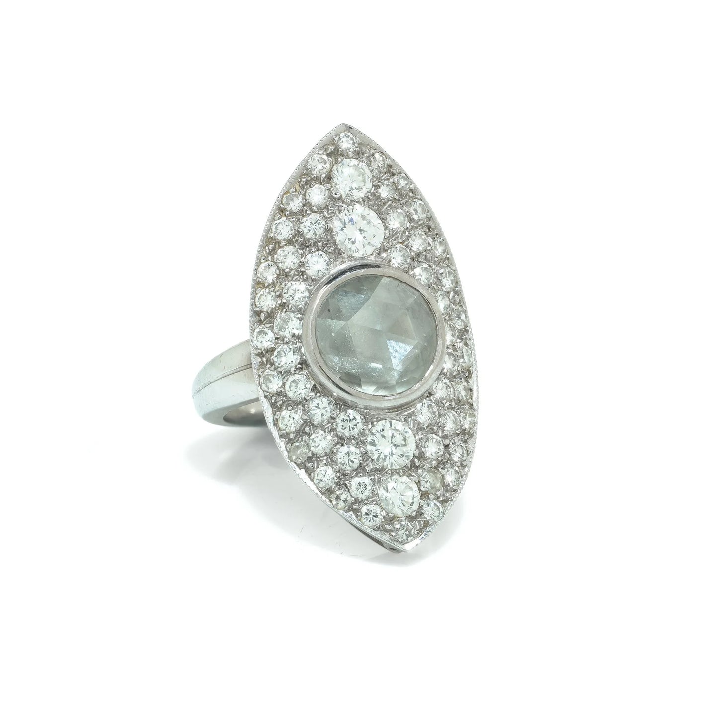 A marquise shaped diamond cluster ring with a central rose cut diamond, in white gold