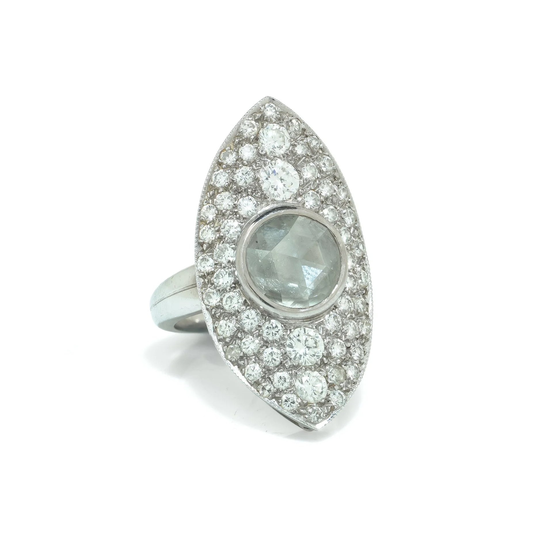 A marquise shaped diamond cluster ring with a central rose cut diamond, in white gold