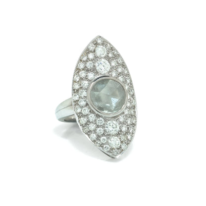 A marquise shaped diamond cluster ring with a central rose cut diamond, in white gold