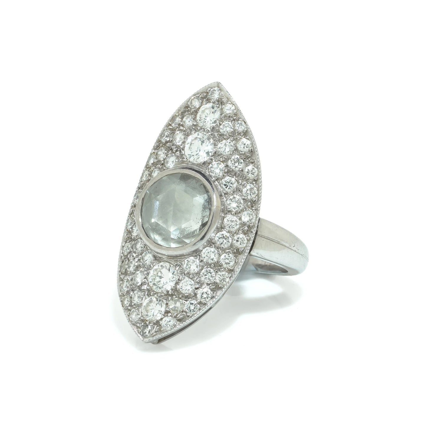 A marquise shaped diamond cluster ring with a central rose cut diamond, in white gold