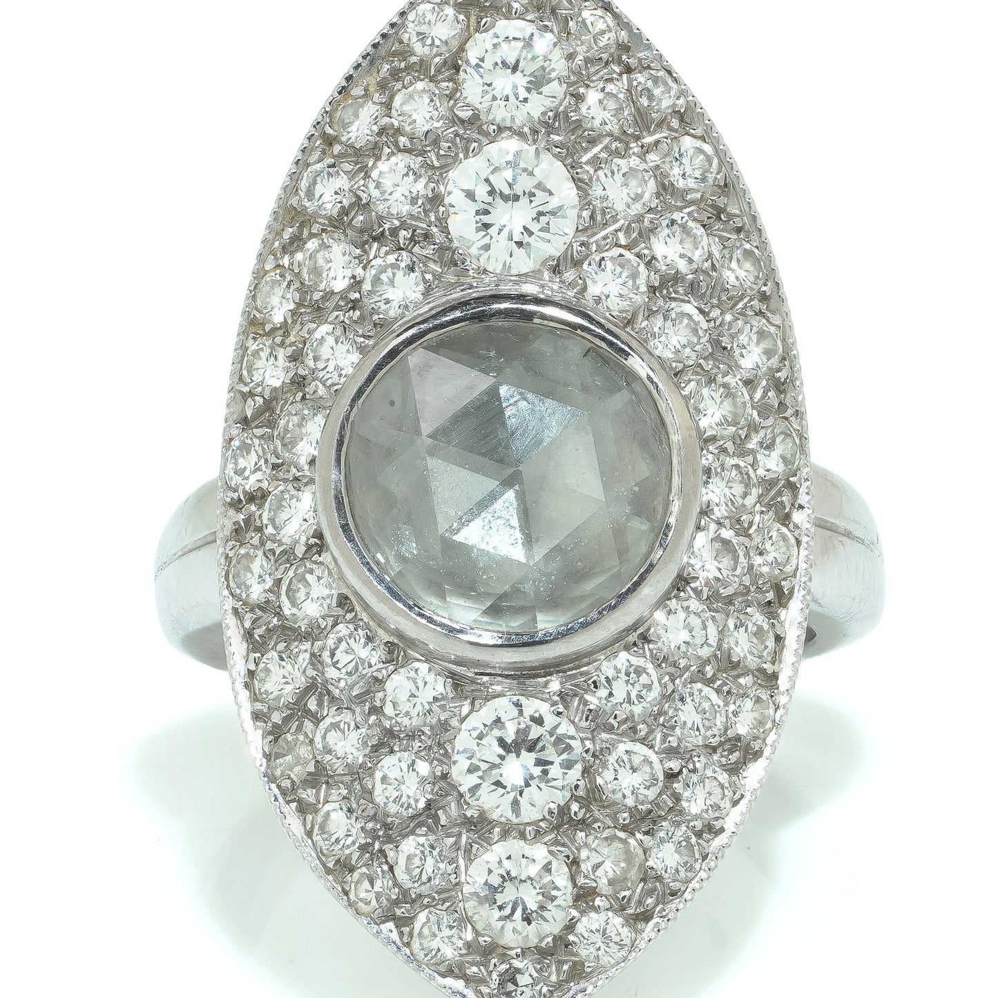 A marquise shaped diamond cluster ring with a central rose cut diamond, in white gold