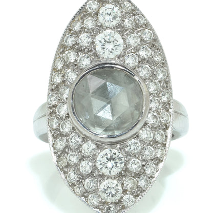A marquise shaped diamond cluster ring with a central rose cut diamond, in white gold