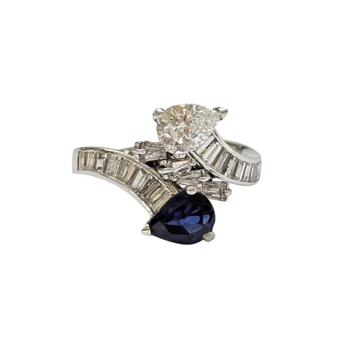 Vintage French Pear Cut Sapphire and Diamond Toi et Moi Crossover Ring