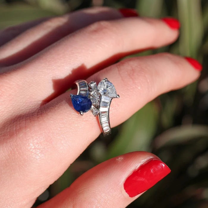 Vintage French Pear Cut Sapphire and Diamond Toi et Moi Crossover Ring