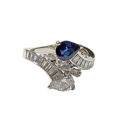 Vintage French Pear Cut Sapphire and Diamond Toi et Moi Crossover Ring