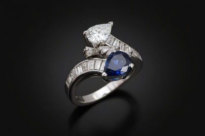 Vintage French Pear Cut Sapphire and Diamond Toi et Moi Crossover Ring