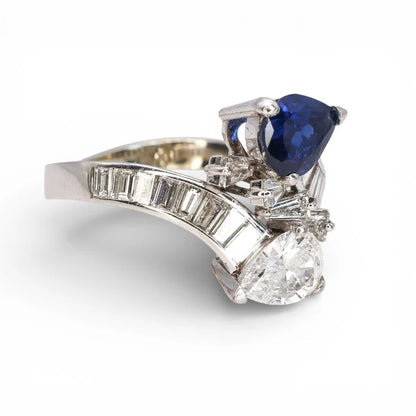 Vintage French Pear Cut Sapphire and Diamond Toi et Moi Crossover Ring