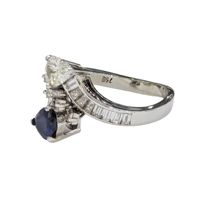 Vintage French Pear Cut Sapphire and Diamond Toi et Moi Crossover Ring